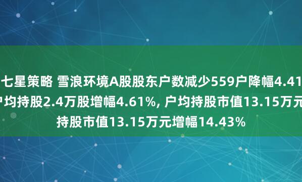 七星策略 雪浪环境A股股东户数减少559户降幅4.41%, 流通A股户均持股2.4万股增幅4.61%, 户均持股市值13.15万元增幅14.43%